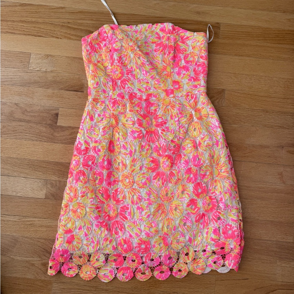 Lilly Pulitzer Strapless Dress in Pink and Yellow Lace